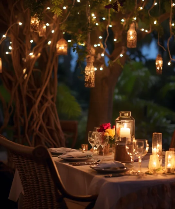 Candlelit dinner table under lantern-lit trees