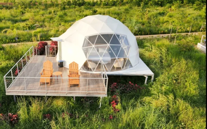 Dome on its deck in tall grass