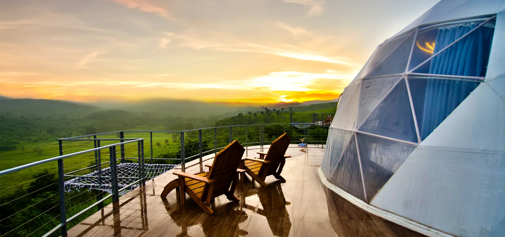 Sunset over the valley from a private dome deck